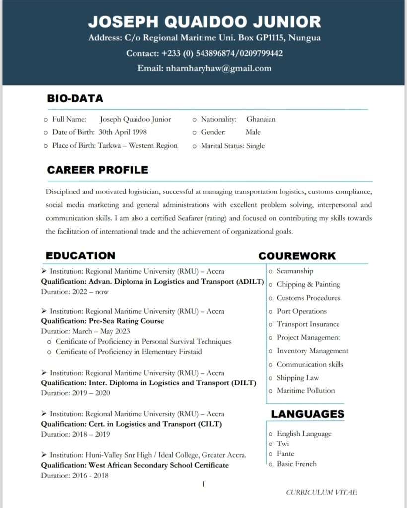 Quaidoo. CV. Logistician
